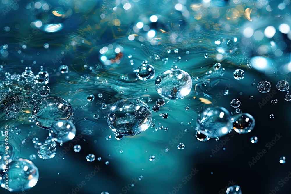 Poster A myriad of bubbles dance gracefully on a serene blue surface, creating a mesmerizing and enchanting display of movement and light reflections