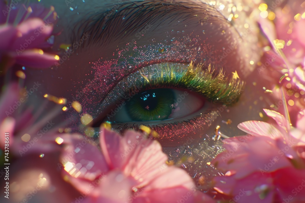 Poster a mesmerizing close-up shot capturing the eye of an individual adorned with delicate pink flowers, c