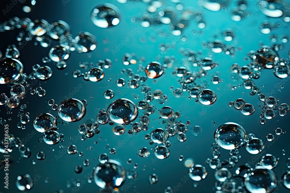 Poster shimmering water droplets glisten on a vibrant blue surface, creating a mesmerizing display of light