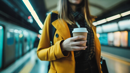 woman with coffee in a recyclable cup in a metro station