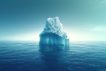 Hidden dangers of global warming illustrated by an iceberg floating in the ocean, revealing its submerged part.