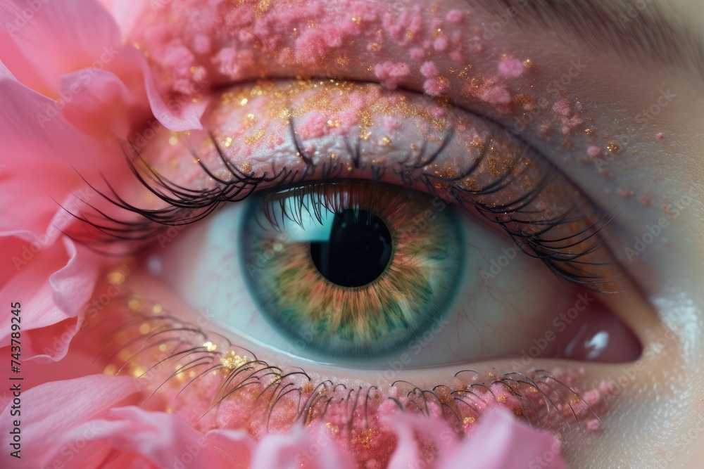 Aufkleber this close-up photo captures a persons eye with dazzling glitter delicately applied on the eyelid, c