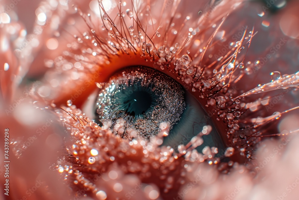 Aufkleber A mesmerizing close-up shot of an eye with delicate droplets of water resting on the lashes, creating a stunning visual effect