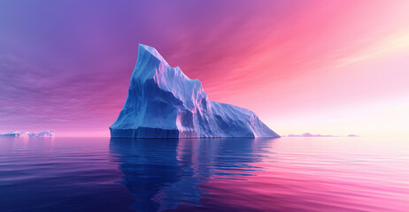 Antarctic Iceberg in ocean at pink sunset sky. Danger and global warming concept.