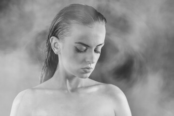 Portrait shot of a pretty young woman, Surreal blurry portrait.