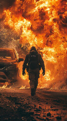 A moment of courage as a bystander rushes to provide first aid with a car engulfed in flames and the imminent danger of an explosion in the background - obrazy, fototapety, plakaty