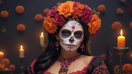 Obraz premium Dia de los Muertos holiday, attributes and traditions. Empty space, banner.