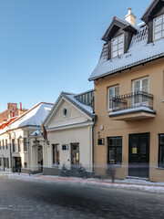 Obraz premium Architecture in the Užupis. Beautiful old houses in Vilnius Old Town