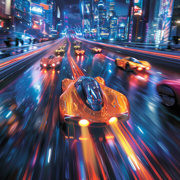 High speed race in a city of tomorrow cars with neon underlights and aerodynamic designs showcasing advanced research