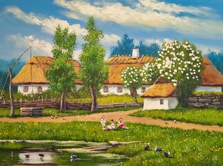 Rustical landscape, river, oil paintings rural landscape, fine art, artwork, in the old village. - 743790279
