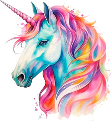 Watercolor portrait of rainbow unicorn.