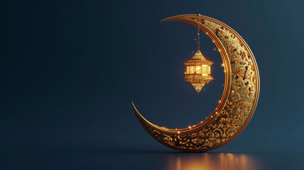 Ramadan mubarak template with crescent gold moon with realistic ramadan lamp or lantern