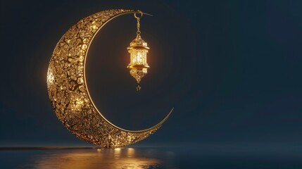 Fototapeta na wymiar Ramadan mubarak template with crescent gold moon with realistic ramadan lamp or lantern