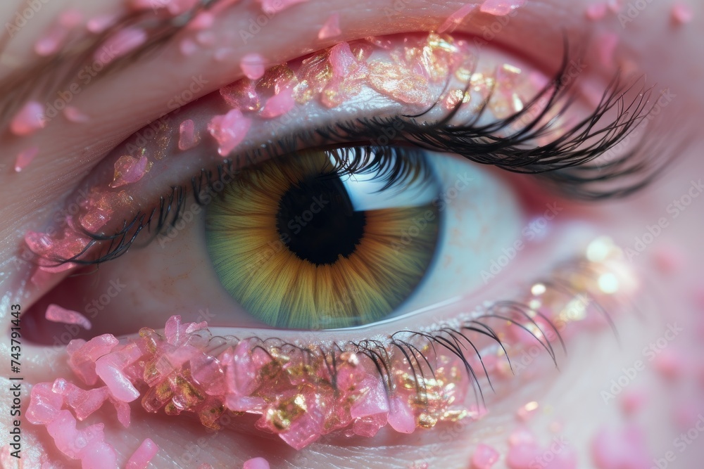 Poster close-up of a persons eye adorned with delicate pink glitter, creating a mesmerizing and glamorous l