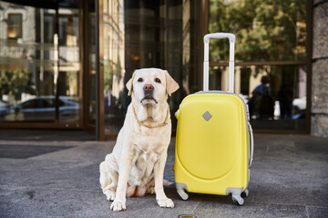 cute labrador sitting beside yellow luggage near entrance of pet friendly hotel, travel concept - 743791432