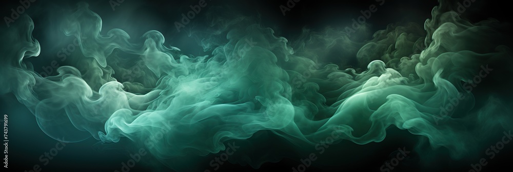 Poster wisps of emerald and ivory smoke swirl gracefully against a deep black backdrop, creating an otherwo