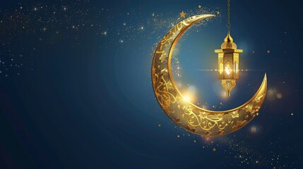 Obraz na płótnie Canvas Ramadan mubarak template with crescent gold moon with realistic ramadan lamp or lantern