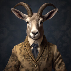 Realistic lifelike Ibex in renaissance regal medieval noble royal outfits, commercial, editorial advertisement, surreal surrealism. 18th-century historical	
