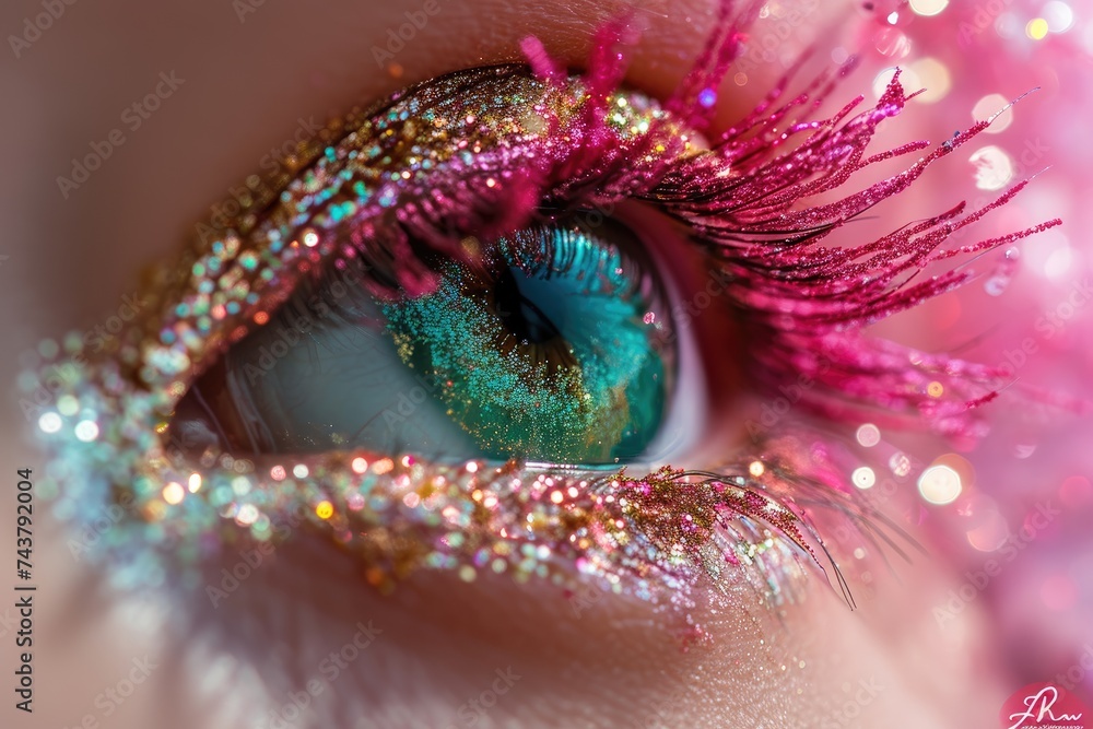 Poster A detailed close-up of a persons eye with sparkling glitter delicately applied, creating a mesmerizing and captivating look