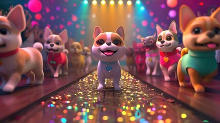 A 3D animated dog character with a cheerful expression walks on a glittering fashion show runway, set against a vibrant light show.

