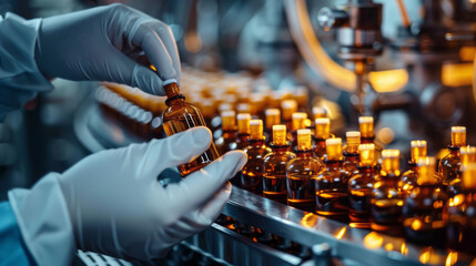 Hand with sanitary gloves check Medical vials on production line at pharmaceutical factory, Pharmaceutical machine working pharmaceutical glass bottles production line. - obrazy, fototapety, plakaty