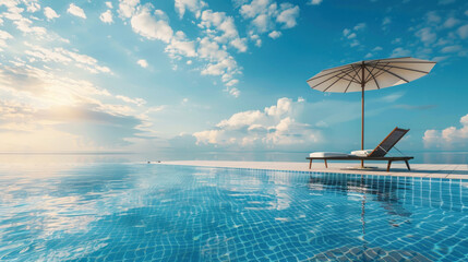 Fototapeta na wymiar Beautiful landscape of sea ocean on sky with umbrella and chair around luxury outdoor swimming pool in hotel resort for leisure travel and vacation.