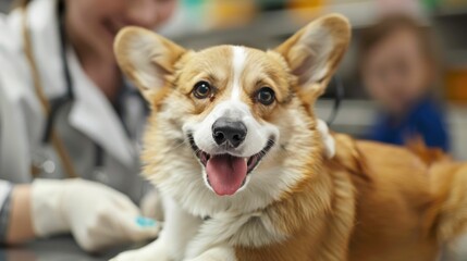 A cheerful Pembroke Welsh Corgi being vaccinated at a veterinarian's clinic, portraying pet healthcare and preventive medicine.
