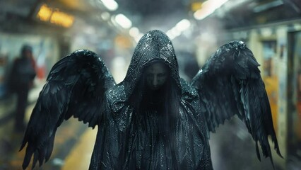 An emerging dark angel with wings in the underpass