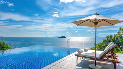 Beautiful landscape of sea ocean on sky with umbrella and chair around luxury outdoor swimming pool...