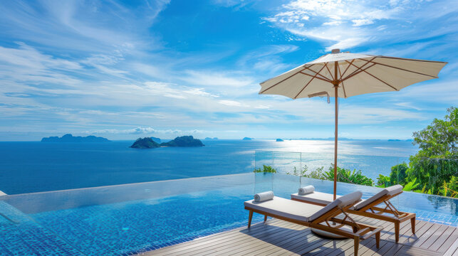 Beautiful landscape of sea ocean on sky with umbrella and chair around luxury outdoor swimming pool in hotel resort for leisure travel and vacation.