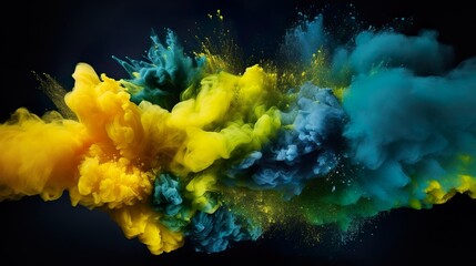 Obraz na płótnie Canvas Farbexplosion mit Gelb, Grün und Blau vor dunklem Hintergrund