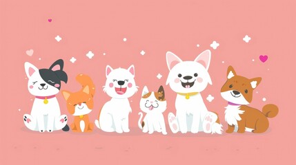 An array of happy animated dogs and cats with cheerful expressions, showcased against a playful pink backdrop adorned with hearts.

