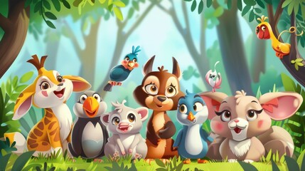 A delightful collection of animated animal friends, rendered in a charming illustration on a forrest background.

