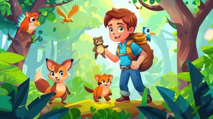 Obraz na płótnie Canvas An animated scene depicting a boy with a backpack while surrounded by curious forest animals in a sunlit woodland.