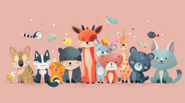 A delightful collection of animated animal friends, including a fox, cats, bear, and birds, rendered in a charming illustration on a pink background.
