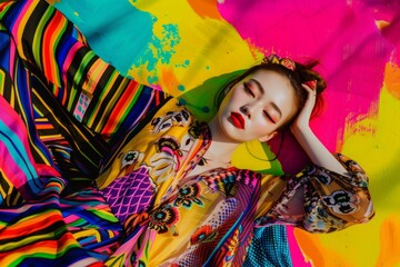 Professional Photography of a Supermodel in a Vibrant and Colorful Editorial, Featuring Bold Patterns and Eclectic Styling, Generative AI