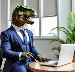 dinosaur in a blue suit is sitting in the office at a laptop - 743792865