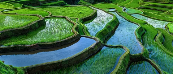 Zelfklevend Fotobehang Bali's rice terraces: a patchwork of vibrant greens carved into the landscape © Artem