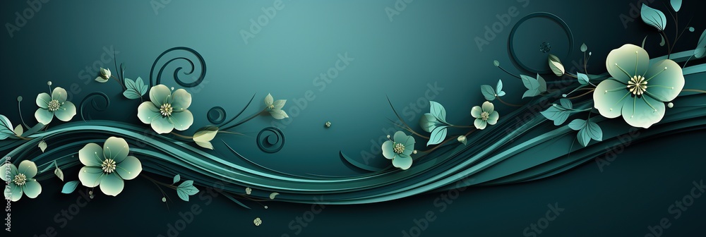 Leinwandbilder a harmonious blend of blue and green hues, adorned with delicate flowers and elegant swirls creating