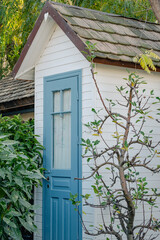 A quaint garden shed with a blue door is nestled among greenery. The rustic roof and fresh foliage frame the shed's simple beauty. A weekend in nature, in a country house.