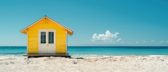 tiny yellow house on the beach with blue sky and clouds