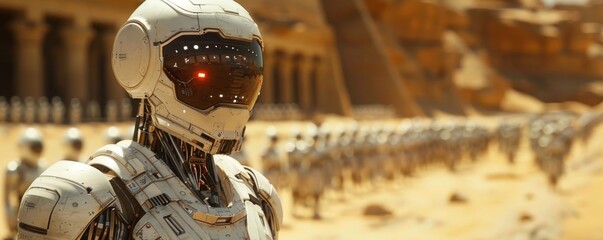 Androids explore ancient Mesopotamia decoding cuneiform in a blend of the earliest civilizations and futuristic AI