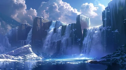 Deurstickers Fantasy-inspired landscape depicting majestic frozen waterfalls surrounded by snow-covered cliffs under a cloud-filled sky. © doraclub