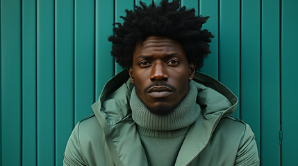 Portrait of a cool afro male model in mint green clothes posing against the background of a green fence