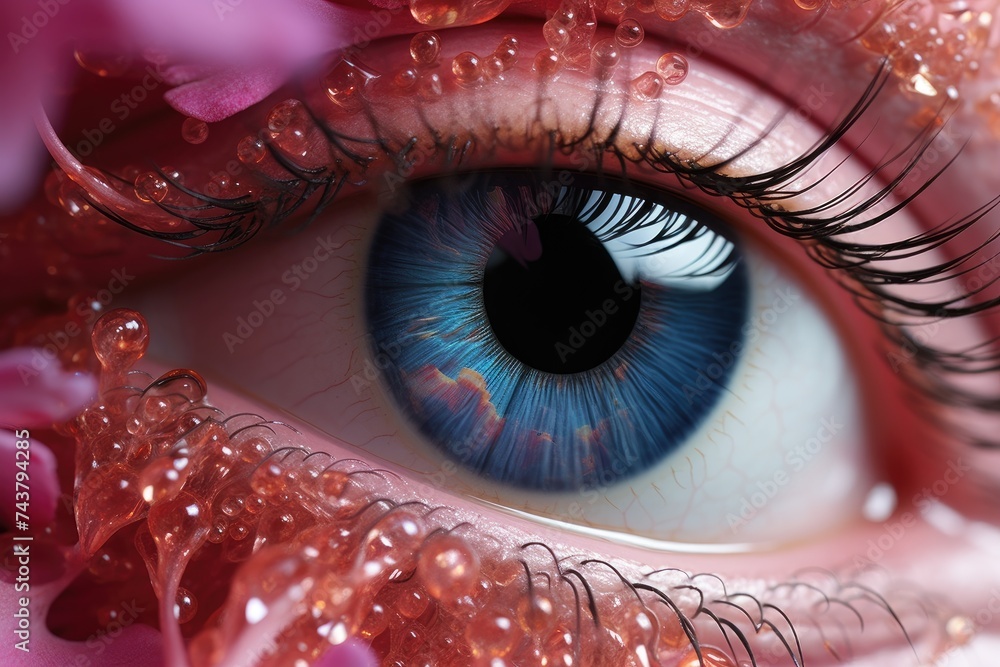 Poster A captivating close-up image of a stunning blue eye set against a backdrop of soft pink flowers, creating a harmonious and enchanting visual contrast
