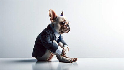 ビジネスで失敗して悩むスーツを着た犬のフレンチブルドッグ - obrazy, fototapety, plakaty