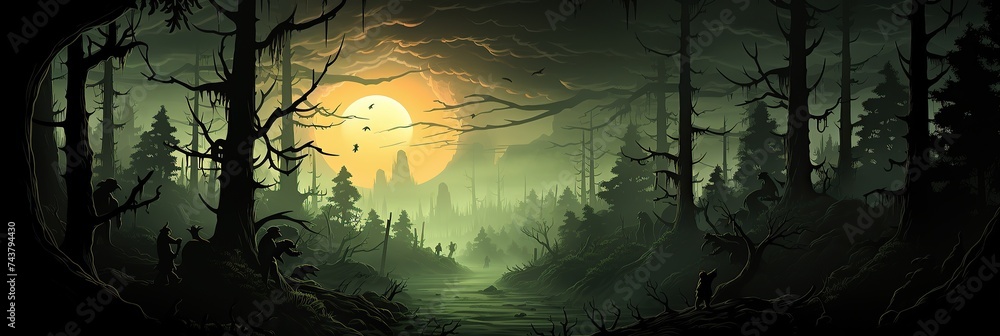 Poster a mystical forest under the soft glow of a full moon, casting a silver sheen on the towering trees a