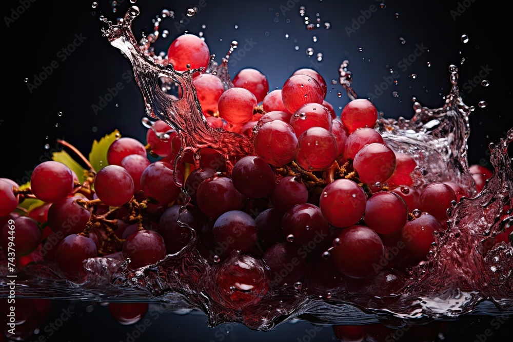 Poster juicy bunch of grapes getting splashed with water, creating a refreshing and dynamic visual