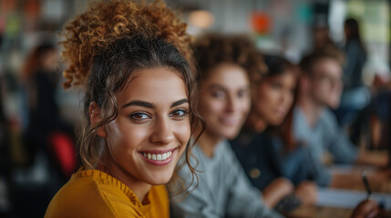 Obraz premium Portrait of a latin spanish student girl with curls smiling and looking at the camera. AI generated