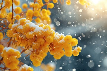 Bright yellow flowers stand resiliently beneath a blanket of snow on a clear, sunny day